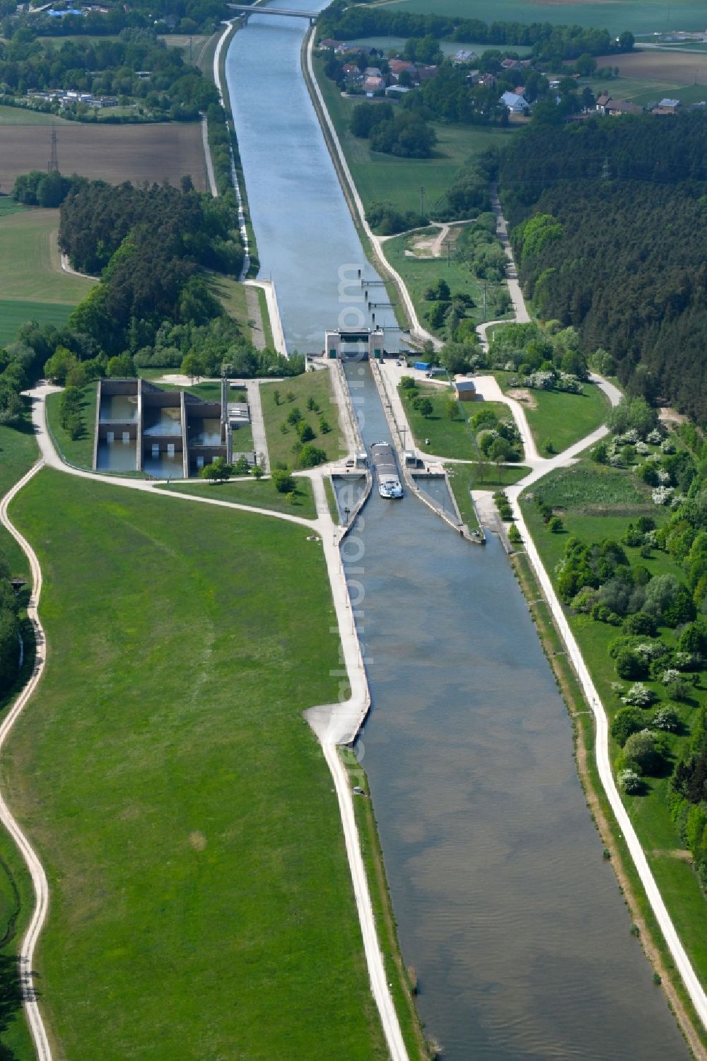 Hilpoltstein from above - Locks - plants on the banks of the waterway of the Main-Donau-Kanal in Hilpoltstein in the state Bavaria, Germany