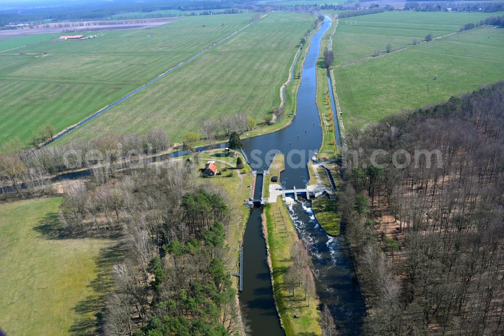 Aerial image Malliß - Locks - plants on the banks of the waterway of the of MEW Mueritz-Elde-Wasserstrasse in Malliss in the state Mecklenburg - Western Pomerania, Germany