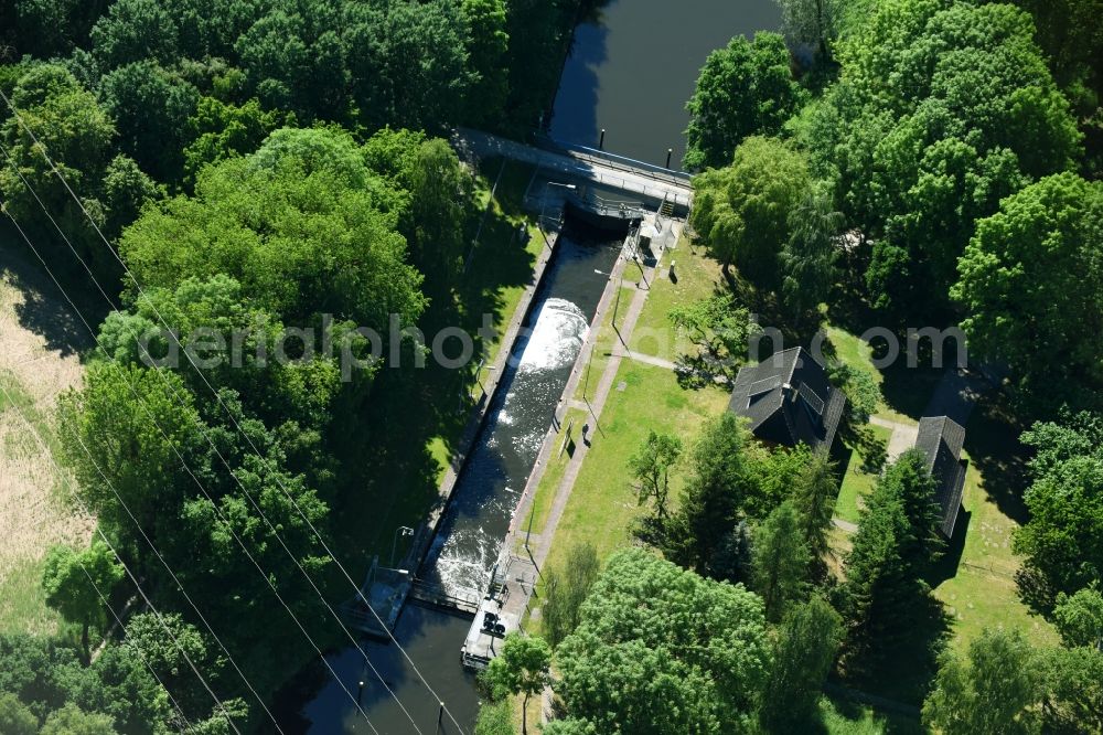 Neuburg from above - Locks - plants on the banks of the waterway of the Mueritz-Elde in Neuburg in the state Mecklenburg - Western Pomerania, Germany