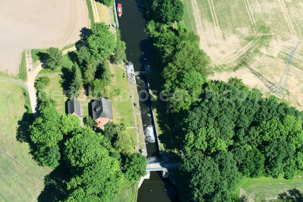 Aerial image Neuburg - Locks - plants on the banks of the waterway of the Mueritz-Elde in Neuburg in the state Mecklenburg - Western Pomerania, Germany