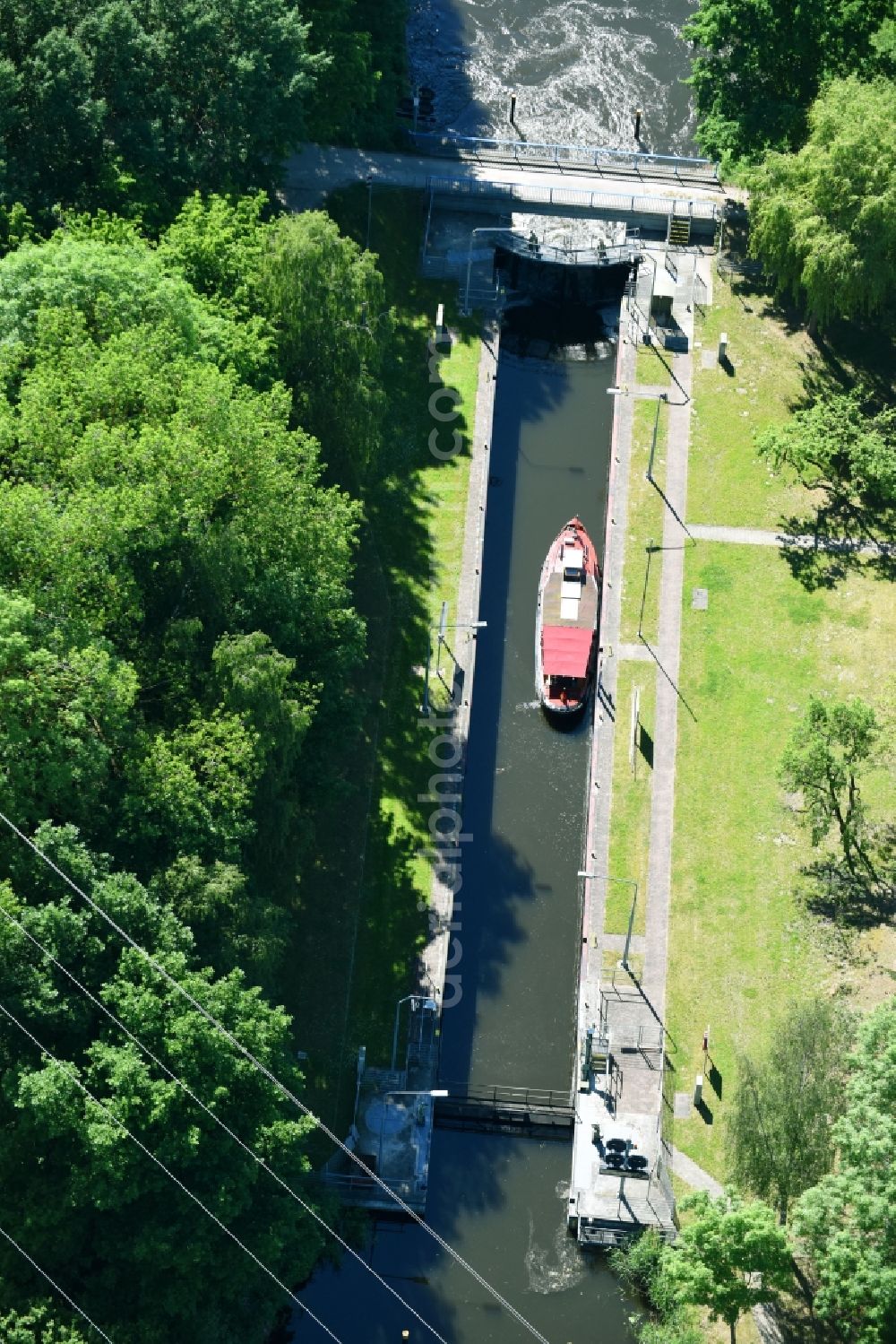 Neuburg from above - Locks - plants on the banks of the waterway of the Mueritz-Elde in Neuburg in the state Mecklenburg - Western Pomerania, Germany