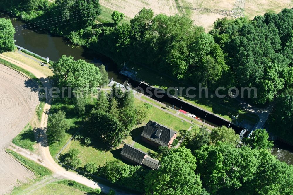 Aerial image Neuburg - Locks - plants on the banks of the waterway of the Mueritz-Elde in Neuburg in the state Mecklenburg - Western Pomerania, Germany