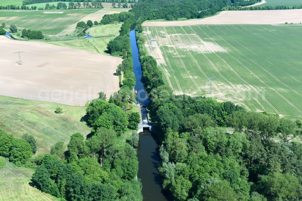 Aerial image Neuburg - Locks - plants on the banks of the waterway of the Mueritz-Elde in Neuburg in the state Mecklenburg - Western Pomerania, Germany