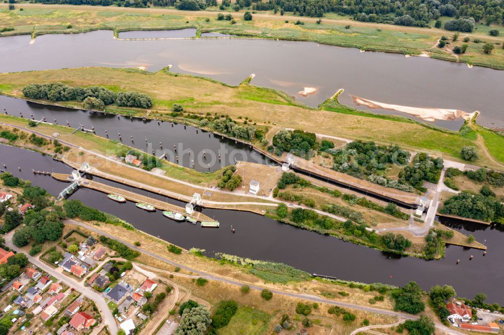 Bad Freienwalde (Oder) from above - Locks - plants on the banks of the waterway of the Oder-Havel-Kanal in Hohensaaten, Bad Freienwalde (Oder) in the state Brandenburg, Germany