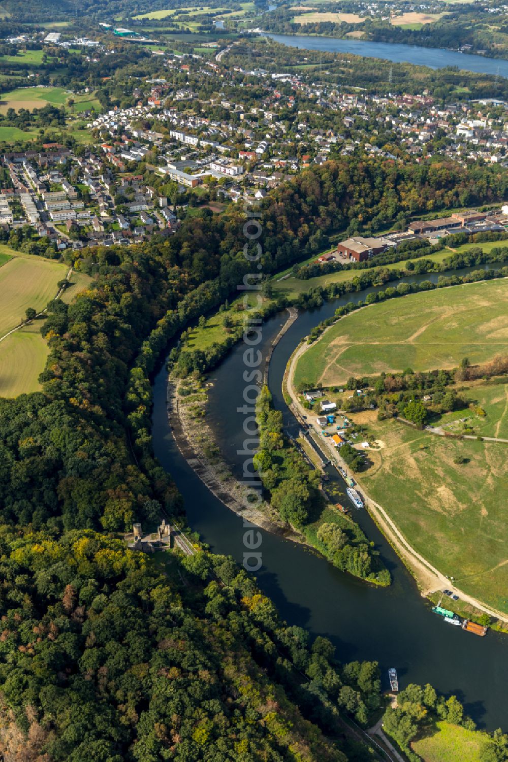 Heven from above - Locks - plants on the banks of the waterway of the Ruhr in Heven at Ruhrgebiet in the state North Rhine-Westphalia, Germany