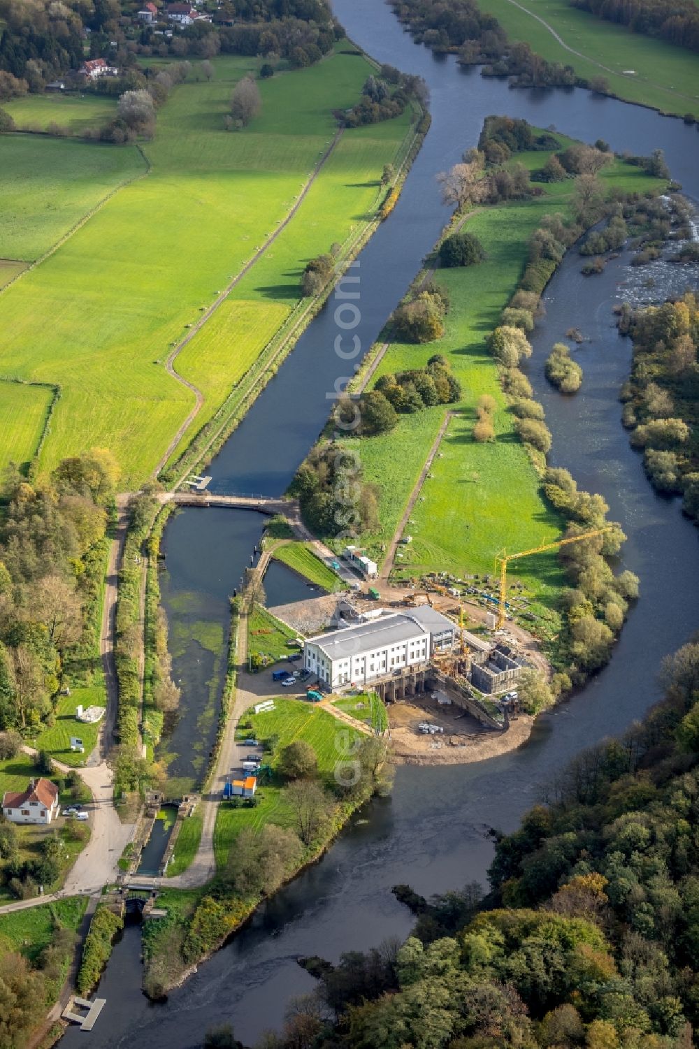 Aerial image Hattingen - Locks - plants on the banks of the waterway of the Ruhr in the district Blankenstein in Hattingen in the state North Rhine-Westphalia, Germany