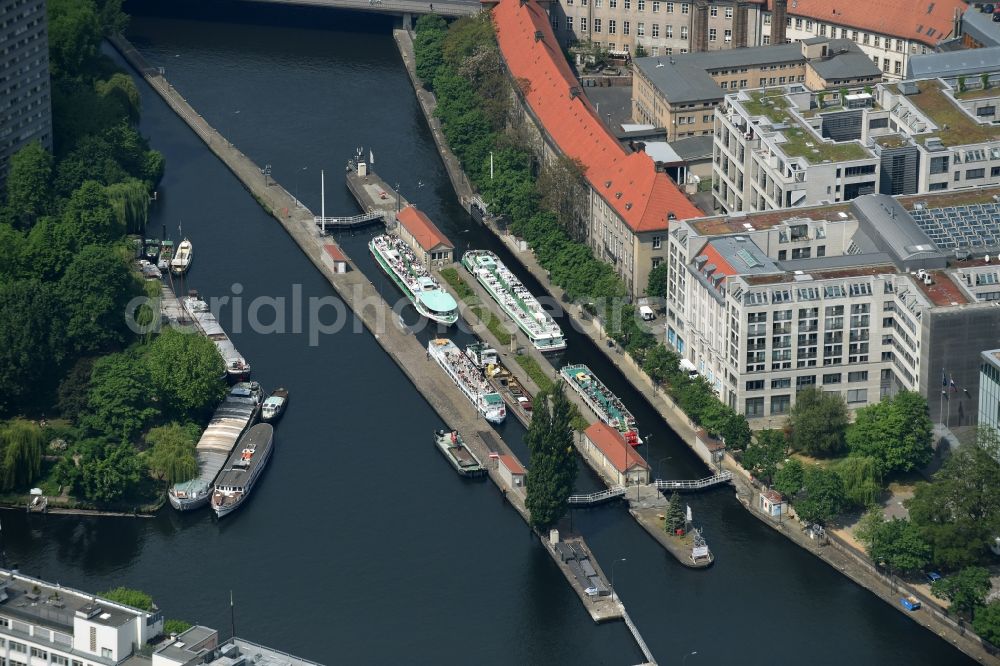 Berlin from above - Locks - plants on the banks of the Spree River waterway in Berlin, Germany