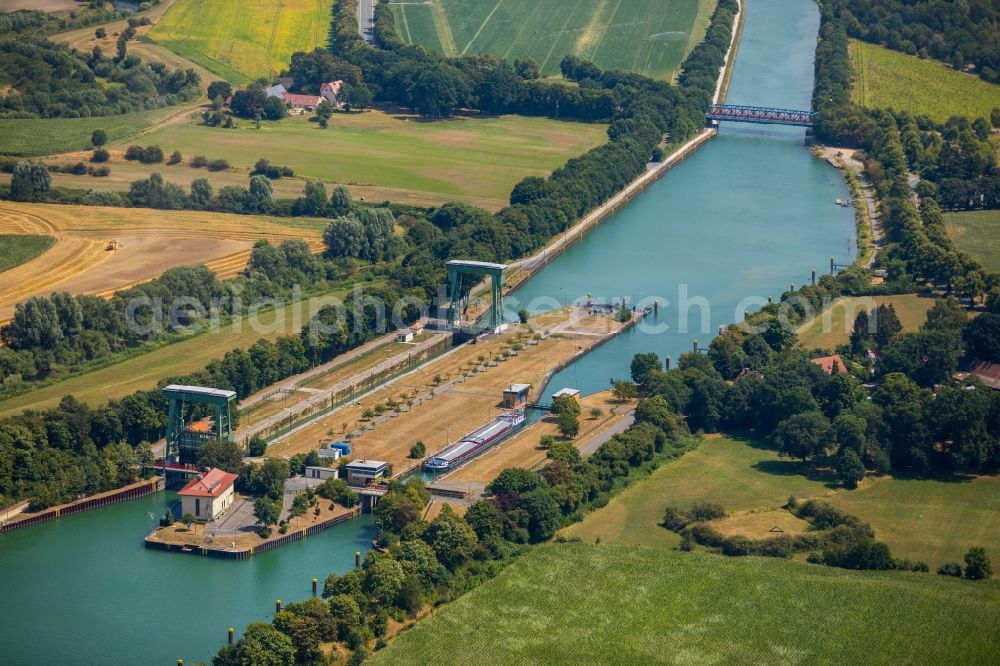 Haltern am See from above - Locks - plants on the banks of the waterway of the Wesel-Datteln-Kanal in Haltern am See in the state North Rhine-Westphalia, Germany