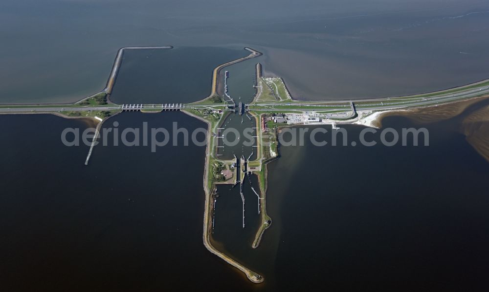 Aerial photograph Kornwerderzand - Locks - plants on the banks of the waterway of the Waddendeilanden to IJsselmeer in Kornwerderzand in Friesland, Netherlands