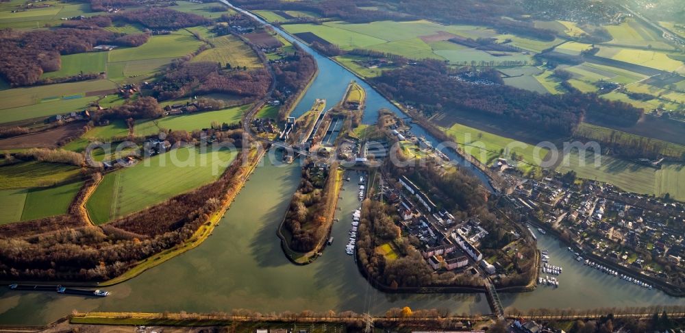 Waltrop from above - Waltrop Lock Park with New Ship's Hoist and Economy Lock and Historic Henrichenburg Ship's Hoist on the Rhine-Herne Canal in Waltrop in the German state of North Rhine-Westphalia