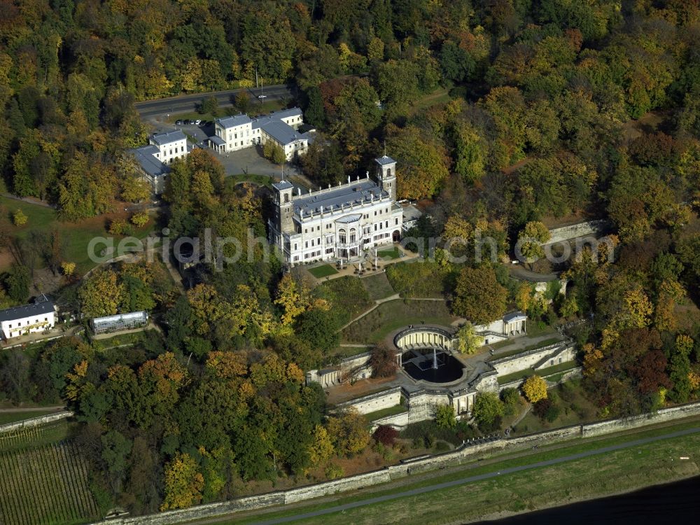 Dresden from above - The palace Albrechtsberg in Dresden in the state of Saxony. It is one of three castles located on the river Elbe in the Loschwitz part of Dresden. The compound consists of several parks in the english style and form terraces towards the river