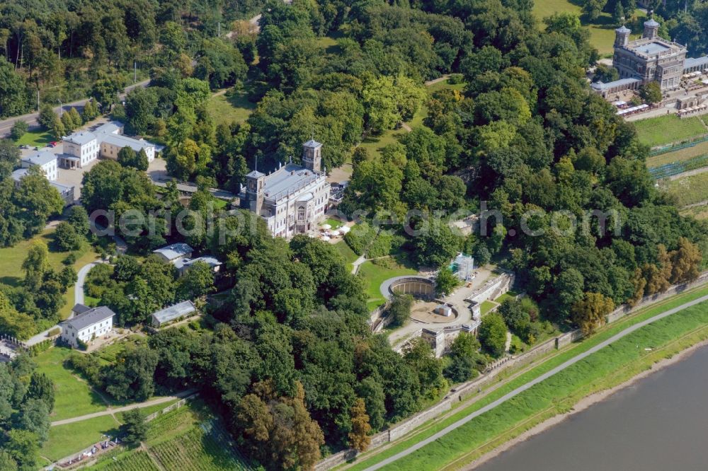 Aerial image Dresden - View of Albrechtsberg Palace and it's castle grounds in Dresden in the state Saxony. The Elbschloss is located on the Elbhang in the district Loschwitz on the Bautzner Strasse