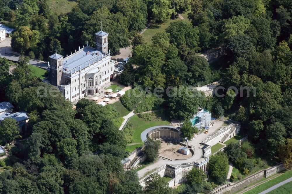 Aerial photograph Dresden - View of Albrechtsberg Palace and it's castle grounds in Dresden in the state Saxony. The Elbschloss is located on the Elbhang in the district Loschwitz on the Bautzner Strasse