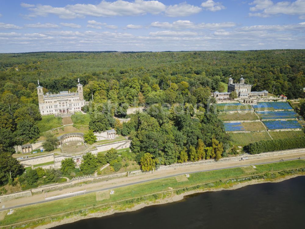 Aerial image Dresden - Albrechtsberg Castle and Lingner Castle with castle park and terraces, in Dresden in the federal state of Saxony. It is located on the Elbe bank in the district of Loschwitz