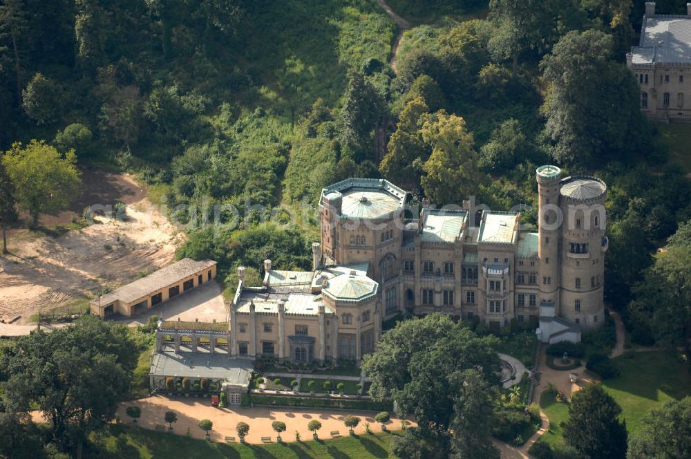 Aerial image Potsdam - Blick auf das Schloss Babelsberg in Potsdam. Das im Stil der englischen Gotik gestaltete Gebäude wurde in den Jahren 1835-1849 im Park Babelsberg als Sommersitz für den späteren Kaiser Wilhelm I errichtet. Das Schloss liegt in der Hügellandschaft an der Havel, ist unter der Verwaltung der Stiftung Preußische Schlösser und Gärten Berlin-Brandenburg und steht als Weltkulturerbe unter dem Schutz der UNESCO;