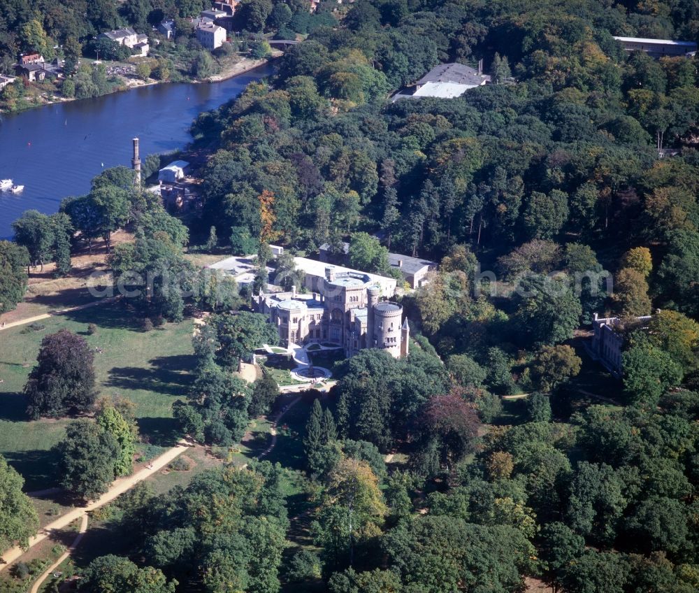 Aerial photograph Potsdam - Babelsberg Castle is located in the park and near the district of Brandenburg capital of Potsdam. Babelsberg Castle is under the administration of the Prussian Palaces and Gardens Foundation Berlin-Brandenburg and as a World Heritage Site within the overall ensemble Potsdam under the protection of UNESCO