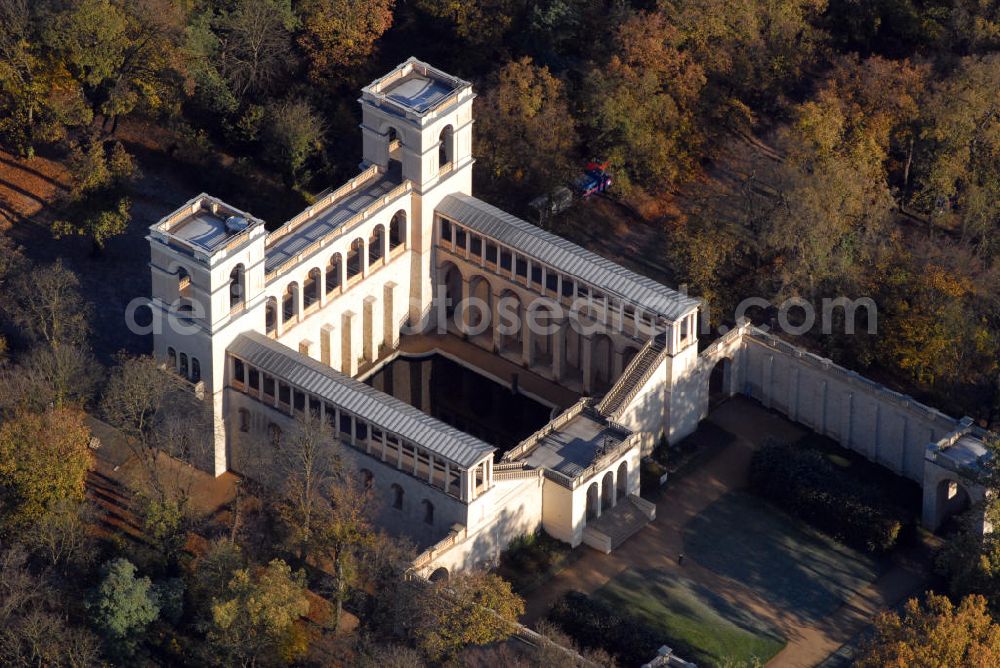 Potsdam from the bird's eye view: Blick auf das Schloss Belvedere auf dem Pfingstberg in Potsdam. Belvedere ist ein zum Ensemble Potsdamer Schlösser und Gärten gehörendes Schloss nördlich des Neuen Gartens. Es wurde wegen der schönen Aussicht unter Friedrich Wilhelm IV errichtet und 1999 in die Liste des UNESCO Weltkulturerbes aufgenommen. (Auf dem Pfingstberg, 14469 Potsdam, Tel.: 03 31/2 70 19 72)