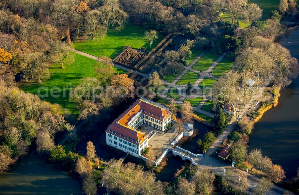 Gelsenkirchen from above - Berge castle in Gelsenkirchen in the state North Rhine-Westphalia. The moated castle is located on the Adenauerallee und houses a hotel and the corresponding hotel's on-site restaurant today