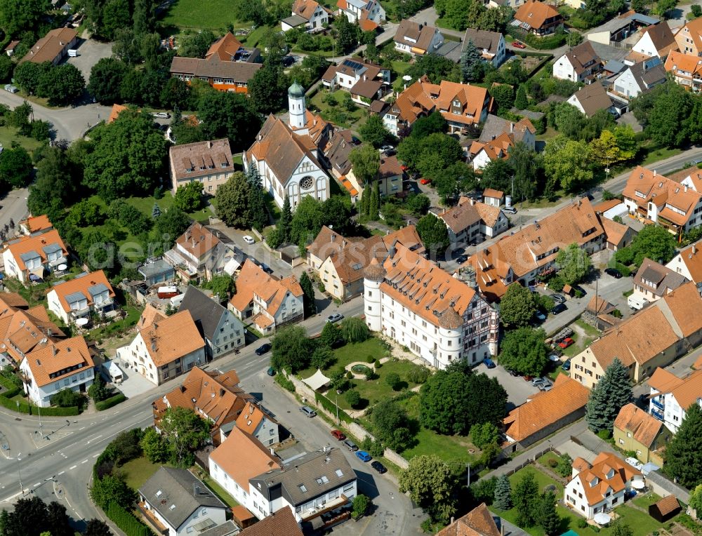 Aerial image Tübingen - Castle Bühl and the church of St. Pankratius in the Bühl part of Tübingen in the state of Baden-Württemberg. The castle with its gable roof and half-timber facade is located opposite the catholic church and was built in the 16th century during the Renaissance era. Today it consists of owner-occupied flats