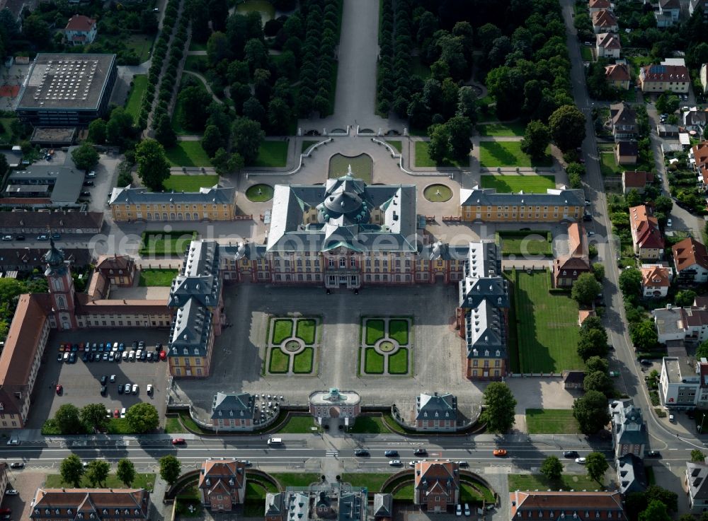 Bruchsal from above - Castle Bruchsal in the city center of Bruchsal in the state of Baden-Württemberg. Built in 1720, the baroque castle was the residence of the prince-bishops of Speyer. The three wing compound also includes the Damain Gate and the court church and is today home to the German Music Machine Museum, the city museum of Bruchsal and its district court