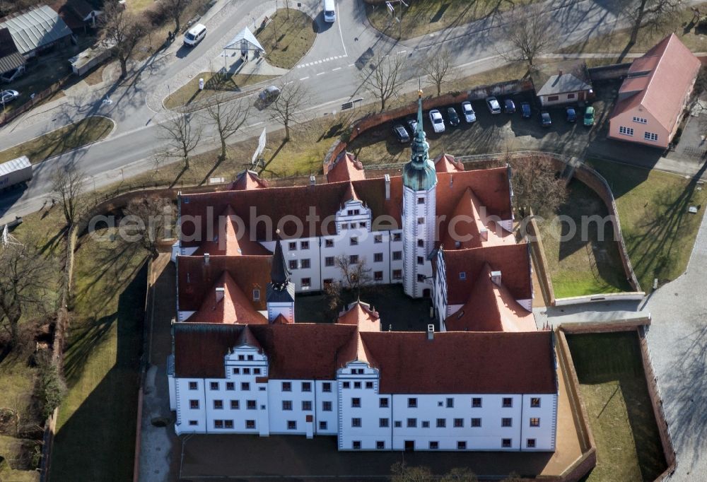 Doberlug-Kirchhain from above - The castle, completed in the Renaissance style in the second half of the 17th century, symbolizing the year, because it consists of an entrance gate (year), twelve gables (months), fifty-two rooms (weeks) and three hundred sixty five windows (days)