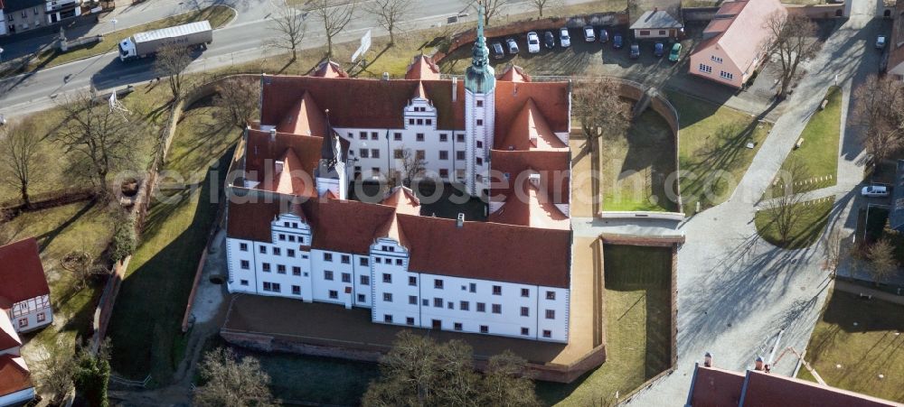 Doberlug-Kirchhain from above - The castle, completed in the Renaissance style in the second half of the 17th century, symbolizing the year, because it consists of an entrance gate (year), twelve gables (months), fifty-two rooms (weeks) and three hundred sixty five windows (days)