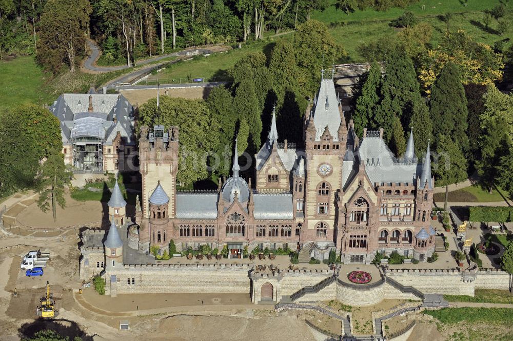 Königswinter from the bird's eye view: Blick auf das Schloss Drachenburg, ein schlossartiges Anwesen auf dem Drachenfels in Königswinter. Es wurde von 1882 bis 1884 als repräsentativer Wohnsitz gebaut. Seit 1986 steht das Schloss Drachenburg unter Denkmalschutz und wurde 1990 der Nordrhein-Westfalen-Stiftung unterstellt. View of the Castle Drachenburg, a castle-like estate on the Drachenfels in Konigswinter. It was built from 1882 to 1884 as a representative residence. Since 1986 the Castle Drachenburg is a listed building.