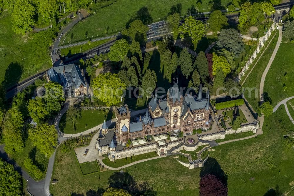 Königswinter from the bird's eye view: View of Castle Dragon Castle upon Rhine in Königswinter in the federal state North Rhine-Westphalia. The opened to the public restored and renovated castle is monument protected and operated by the Schloss Drachenburg gGmbH.