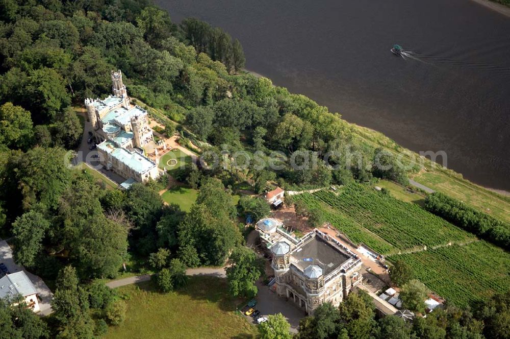 Dresden from the bird's eye view: Das Schloss Eckberg ist eines der drei Elbschlösser am rechten Elbufer in Dresden. Das Lingnerschloss, eigentlich Villa Stockhausen, ist das geografisch mittlere der drei Elbschlösser in Dresden. Sie liegen im Dresdner Elbtal und gehören somit zum Weltkulturerbe der UNESCO.