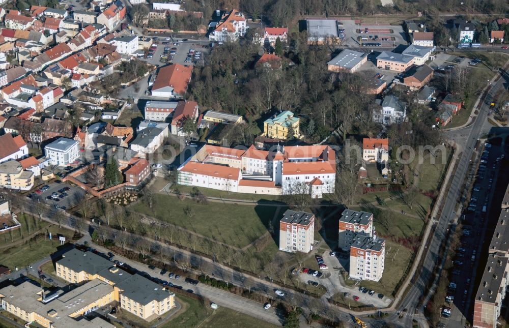 Finsterwalde from above - View of the Renaissance castle Finsterwalde in the state of Brandenburg