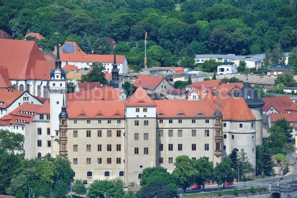 Aerial image Torgau - The castle / palace Hartenfels is situated in Torgau close to the river elbe. It belongs to the federal state of Saxony. The construction was startes by Konrad Pflueger and finished by Konrad Krebs during the time of renaissance. The chapell of the castle was the first protestant church in the world and was built by Nikolaus Gromann