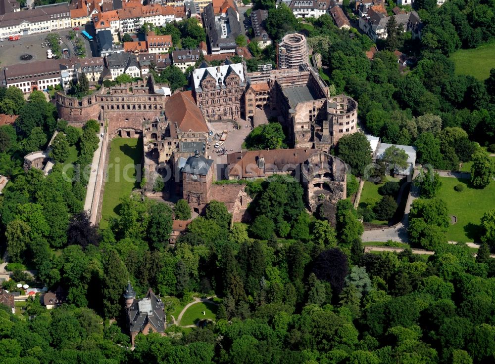 Aerial image Heidelberg - Heidelberg Castle in the city of Heidelberg in the state of Baden-Württemberg. The castle is one of the most famous ruins in Germany. It was residence of the former lords of the Palatinate region. It is important tourist site of the city