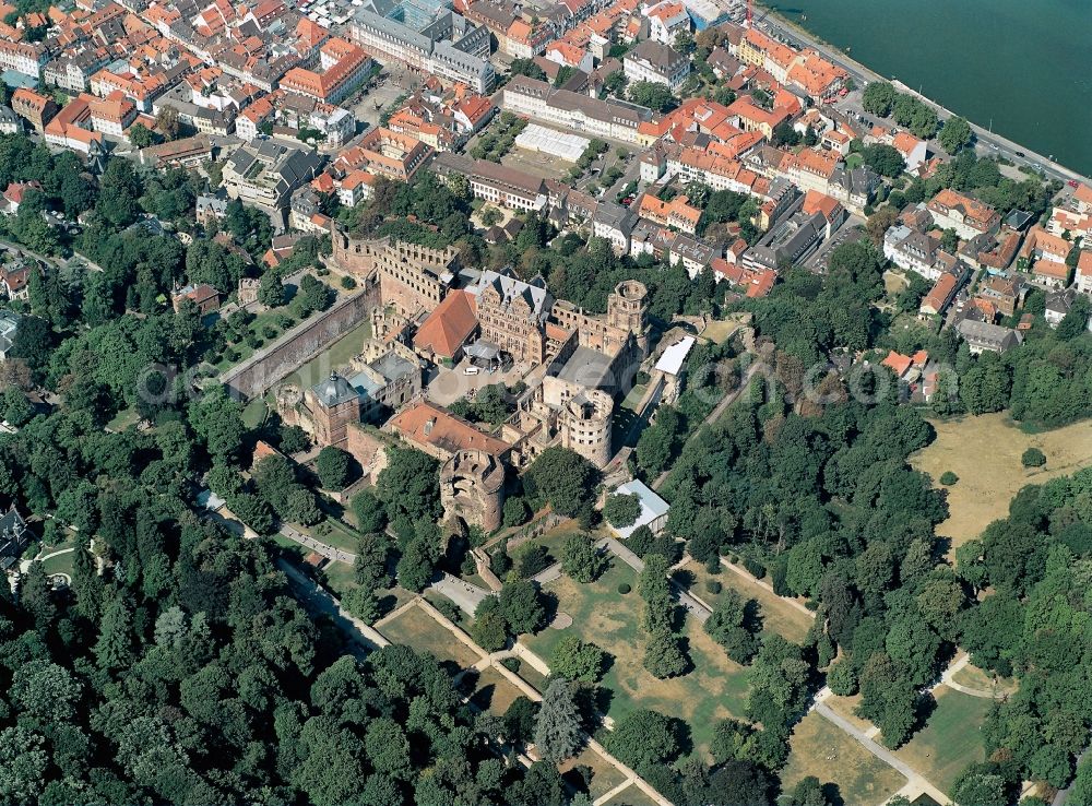 Heidelberg from above - Schloss Heidelberg Castle with garden situated on the Old Town in Heidelberg in Baden-Wuerttemberg