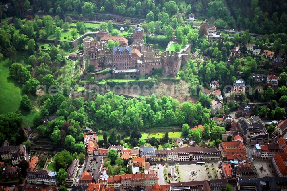 Heidelberg from above - Schloss Heidelberg Castle with garden situated on the Old Town in Heidelberg in Baden-Wuerttemberg