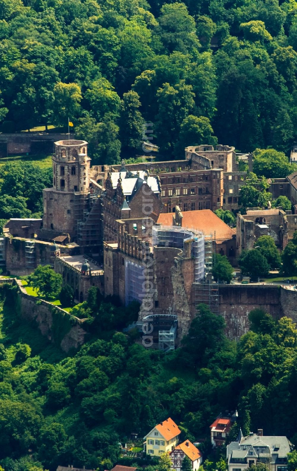 Heidelberg from above - Schloss Heidelberg Castle with garden situated on the Old Town in Heidelberg in Baden-Wuerttemberg