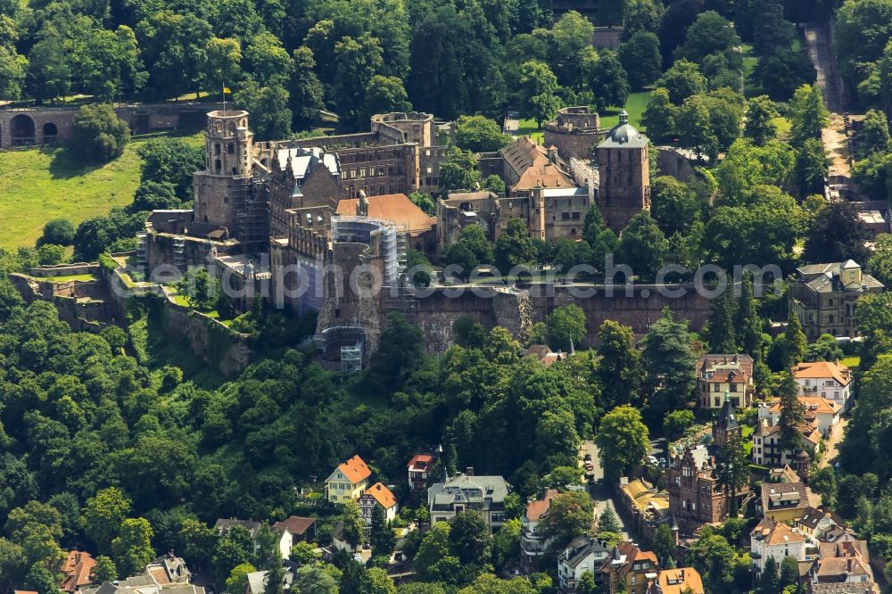 Heidelberg from the bird's eye view: Schloss Heidelberg Castle with garden situated on the Old Town in Heidelberg in Baden-Wuerttemberg