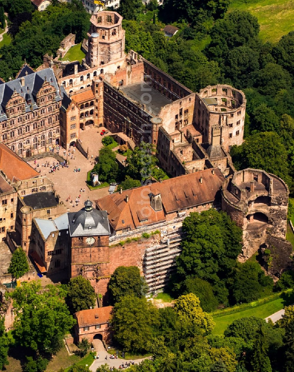 Aerial image Heidelberg - Schloss Heidelberg Castle with garden situated on the Old Town in Heidelberg in Baden-Wuerttemberg