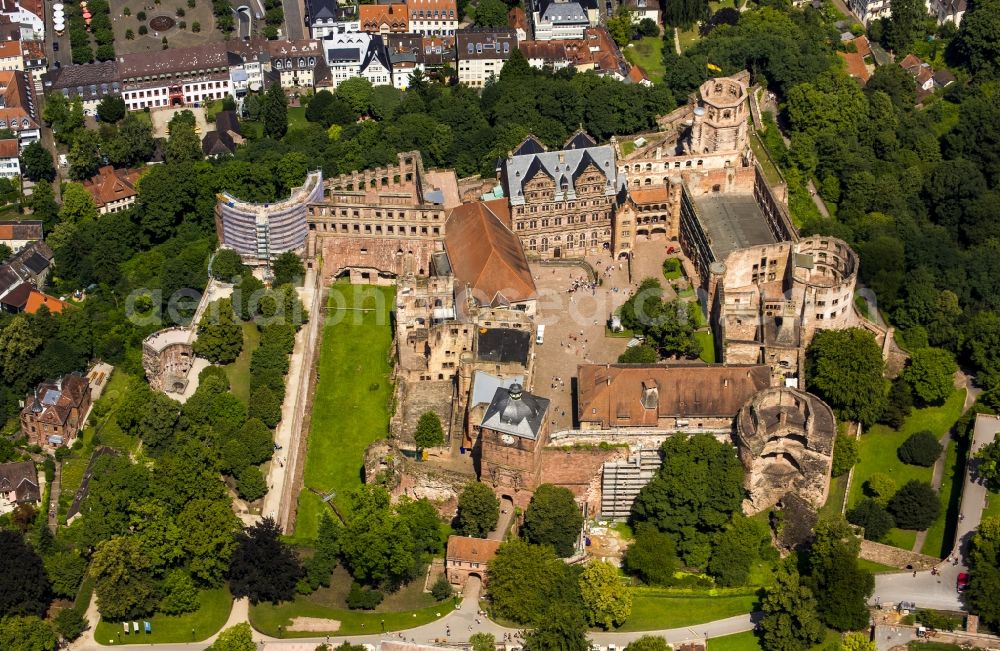 Aerial photograph Heidelberg - Schloss Heidelberg Castle with garden situated on the Old Town in Heidelberg in Baden-Wuerttemberg