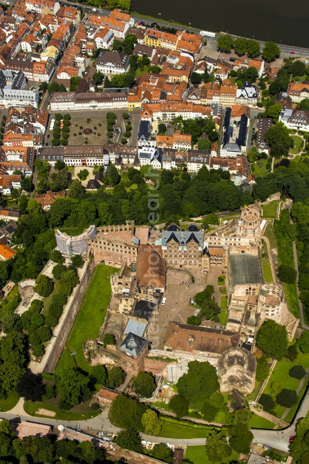 Heidelberg from above - Schloss Heidelberg Castle with garden situated on the Old Town in Heidelberg in Baden-Wuerttemberg