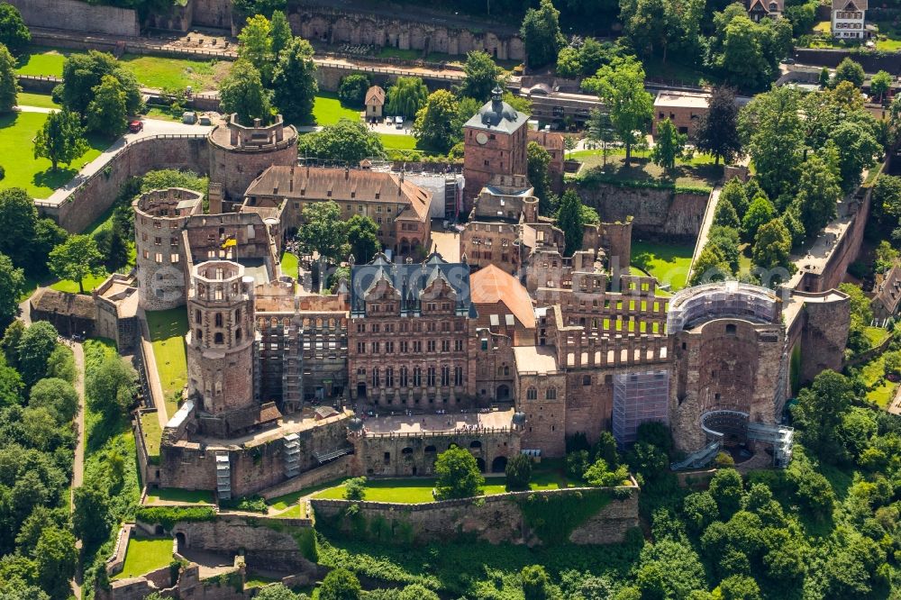 Aerial image Heidelberg - Heidelberg Castle with garden situated on the Old Town in Heidelberg in Baden-Wuerttemberg