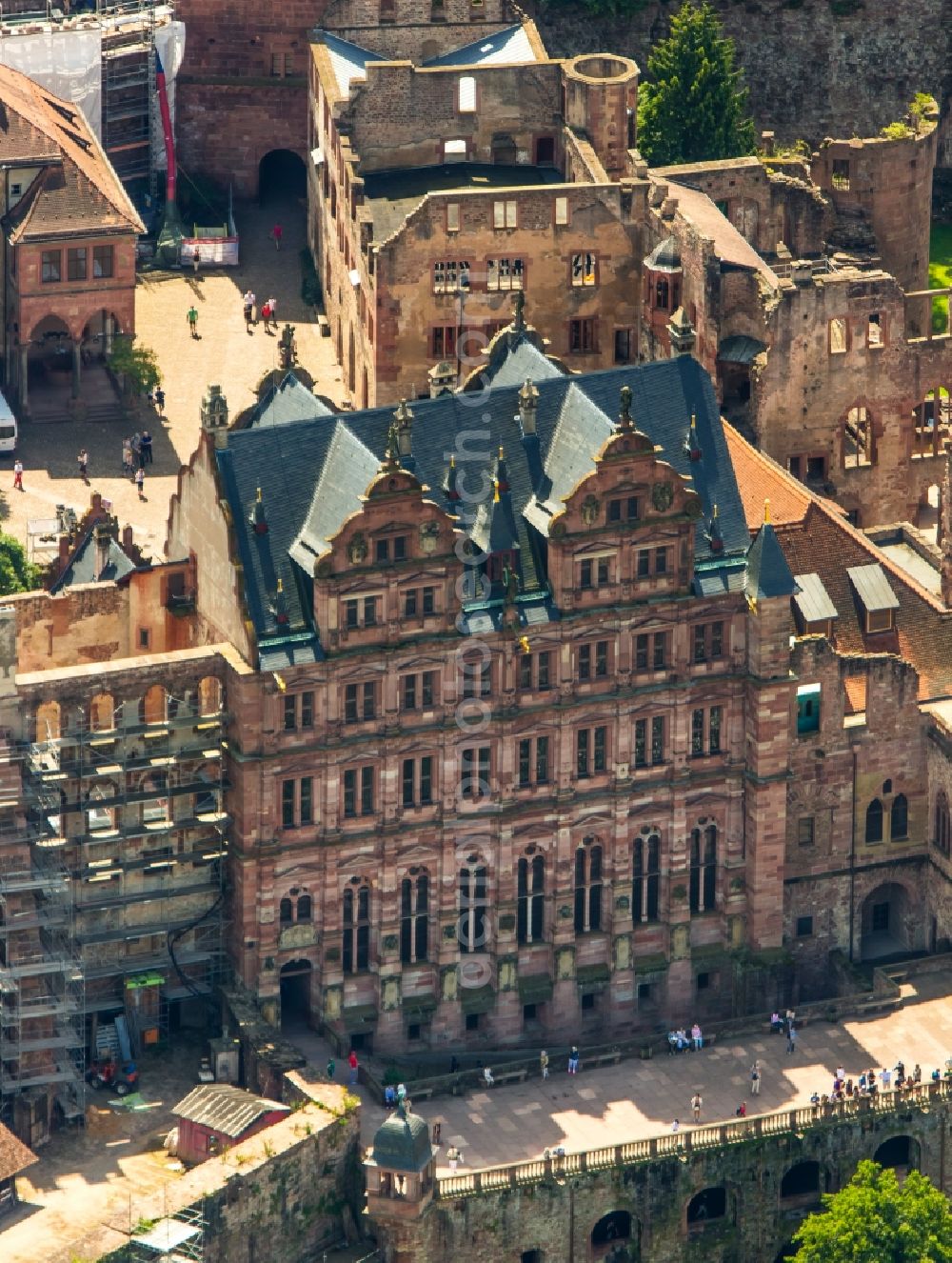 Aerial image Heidelberg - Heidelberg Castle with garden situated on the Old Town in Heidelberg in Baden-Wuerttemberg