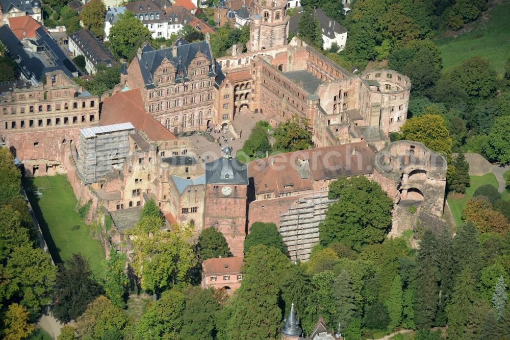 Aerial image Heidelberg - Heidelberg Castle with garden situated on the Old Town in Heidelberg in Baden-Wuerttemberg