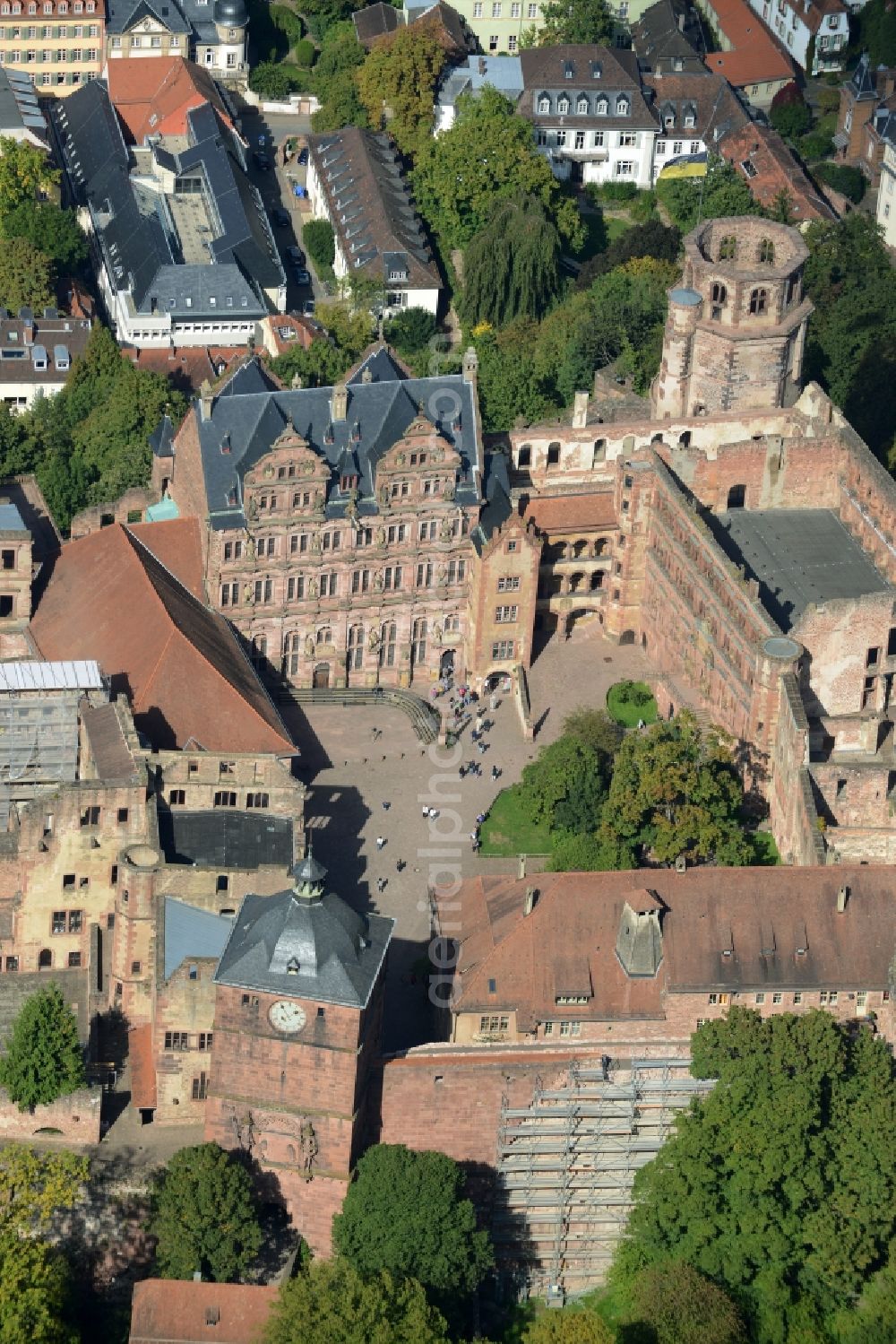 Heidelberg from above - Heidelberg Castle with garden situated on the Old Town in Heidelberg in Baden-Wuerttemberg