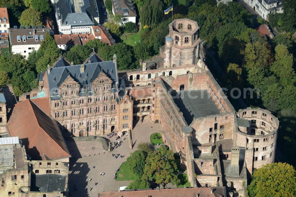 Heidelberg from the bird's eye view: Heidelberg Castle with garden situated on the Old Town in Heidelberg in Baden-Wuerttemberg