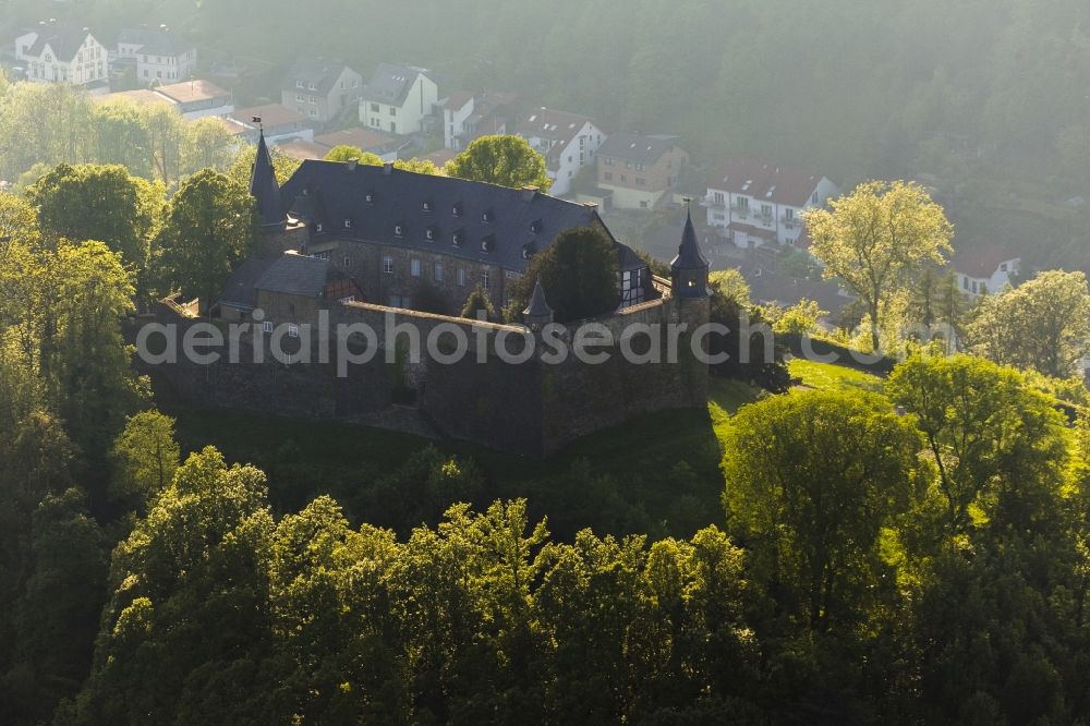 Hagen from above - View of the Castle Hohenlimburg in Hagen in the state North Rhine-Westphalia. The Castle Hohenlimburg is a former hill castle at the Schlossberg. It is one of the few castles in Westphalia, which are widely preserved in their origin structure