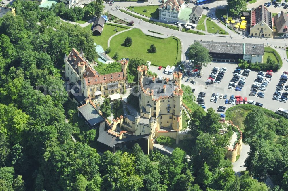 Hohenschwangau from the bird's eye view: View of the castle Hohenschwangau in Schwangau in Bavaria. The current owner of the castle is the Wittelsbach Compensation Fund