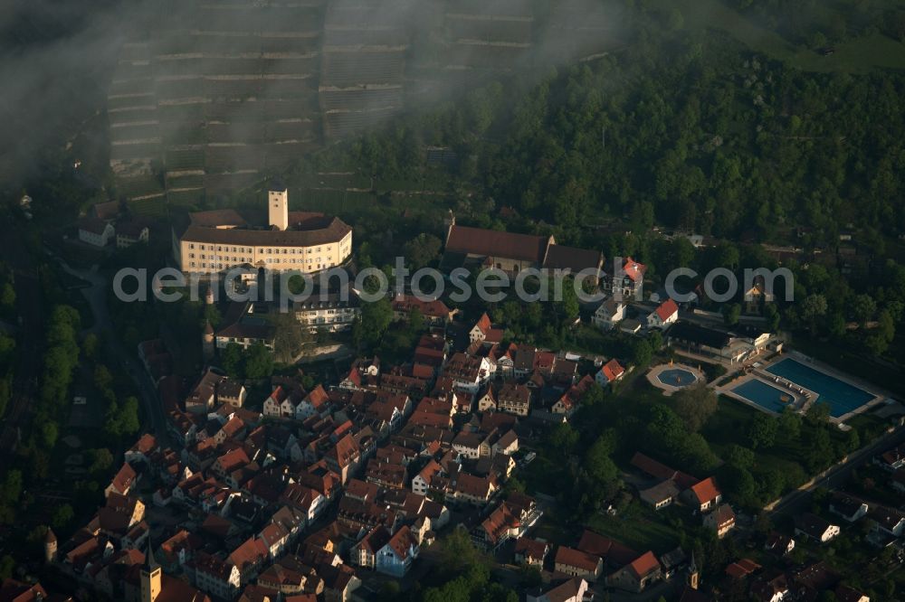 Aerial photograph Gundelsheim - Castle of Schloss Horneck between clouds in Gundelsheim in the state Baden-Wuerttemberg