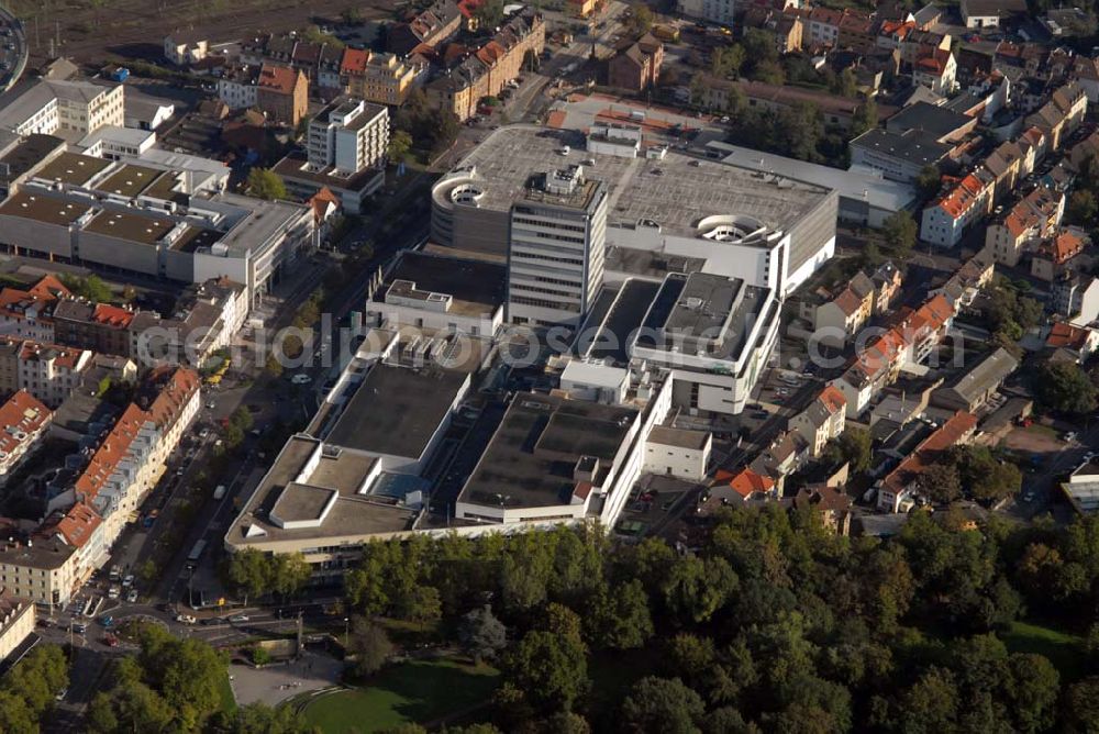 Aerial photograph Aschaffenburg - Blick auf Nordbayerns größtes Einkaufszentrum City-Galerie. Das Einkaufszentrum City-Galerie in Aschaffenburg hat sich in über 30 Jahren zum Mittelpunkt der Stadt entwickelt. Kontakt: Goldbacher Straße 2, 63739 Aschaffenburg Senta Röttger (Sekretärin Center Management) Tel.: (0 60 21)33 64-25