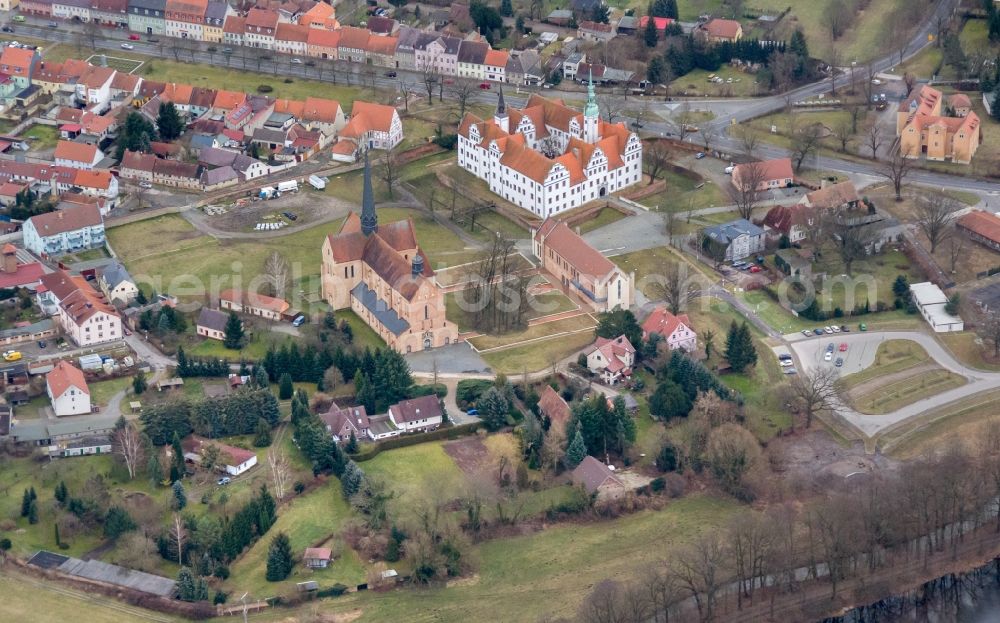 Doberlug-Kirchhain from above - The castle, completed in the Renaissance style in the second half of the 17th century, symbolizing the year, because it consists of an entrance gate (year), twelve gables (months), fifty-two rooms (weeks) and three hundred sixty five windows (days)