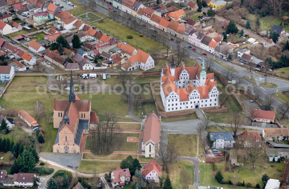 Aerial photograph Doberlug-Kirchhain - The castle, completed in the Renaissance style in the second half of the 17th century, symbolizing the year, because it consists of an entrance gate (year), twelve gables (months), fifty-two rooms (weeks) and three hundred sixty five windows (days)